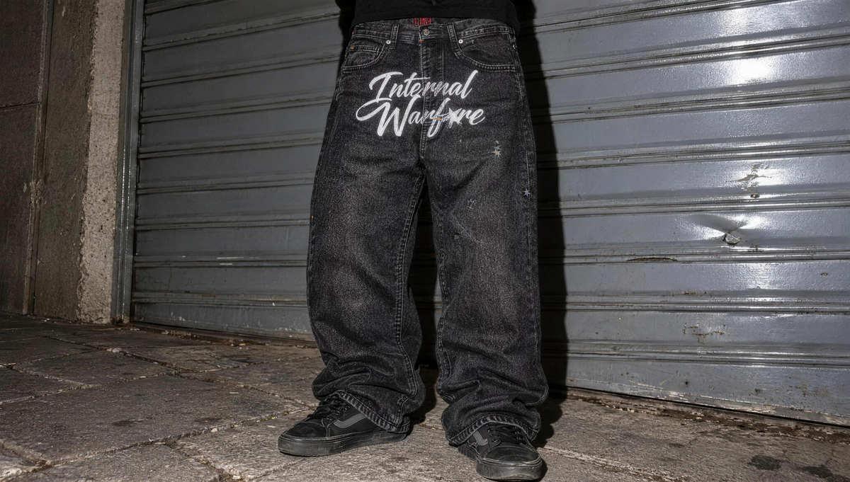 Black Dawg Jeans with Doberman and IW embroidery on the back pocket, walking up metro stairs