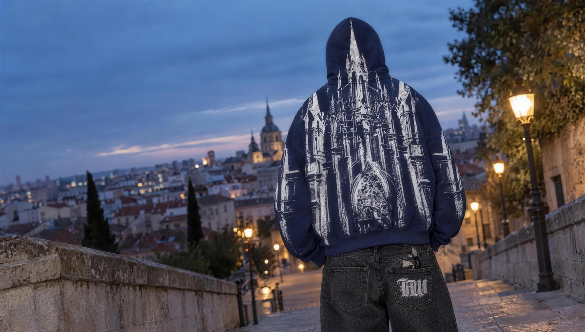 Model in the navy Cathedral Hoodie overlooking Madrid at dusk
