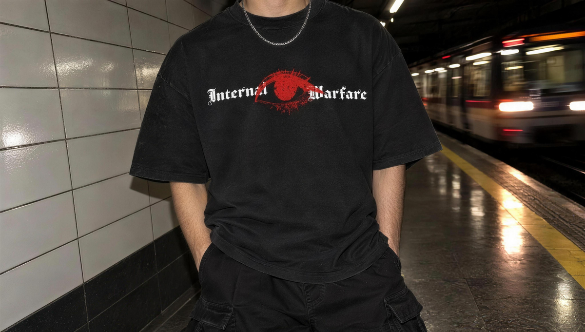 Black Watch Tee with red eye print worn in a metro station