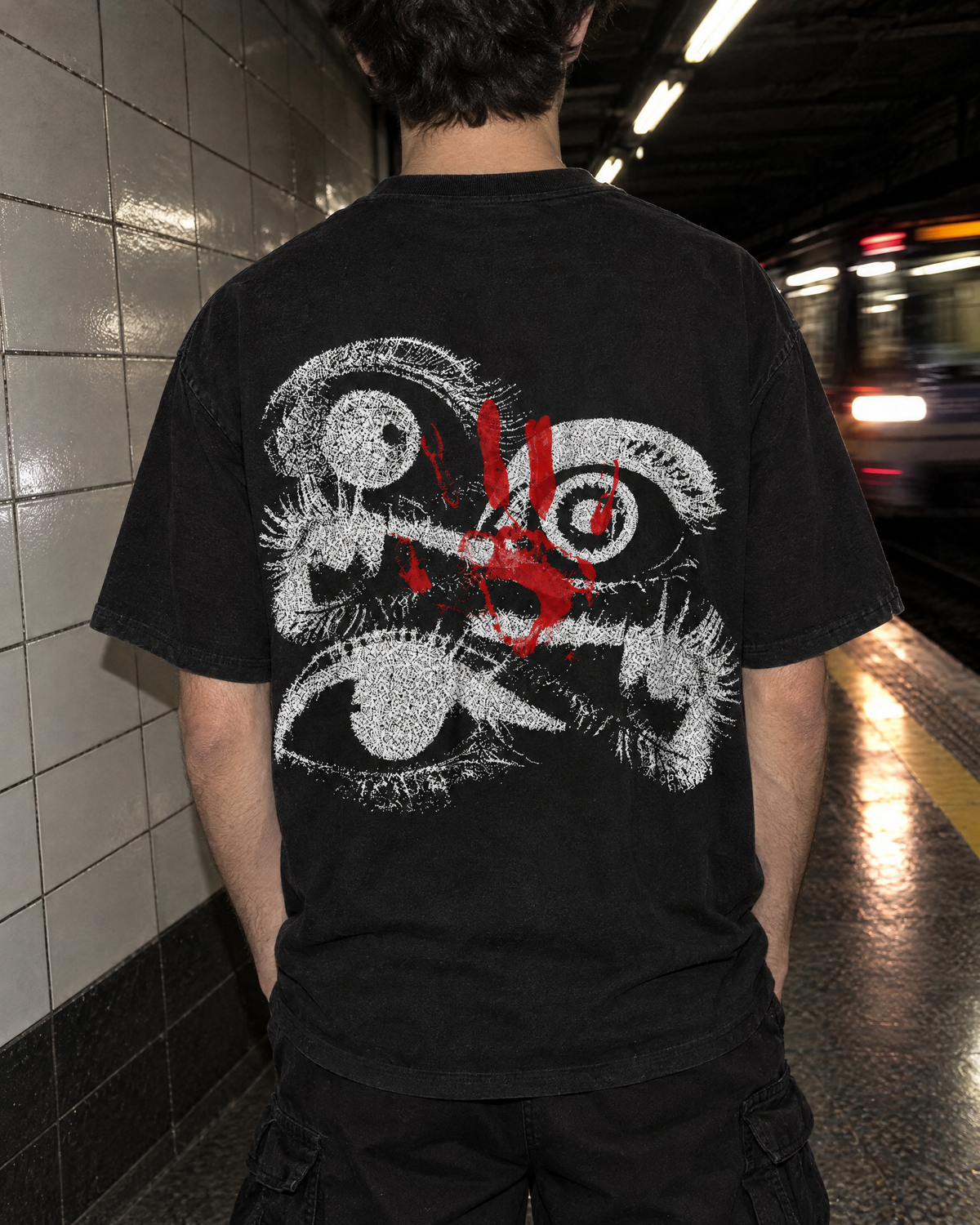 Watch Tee back print, worn on the metro platform